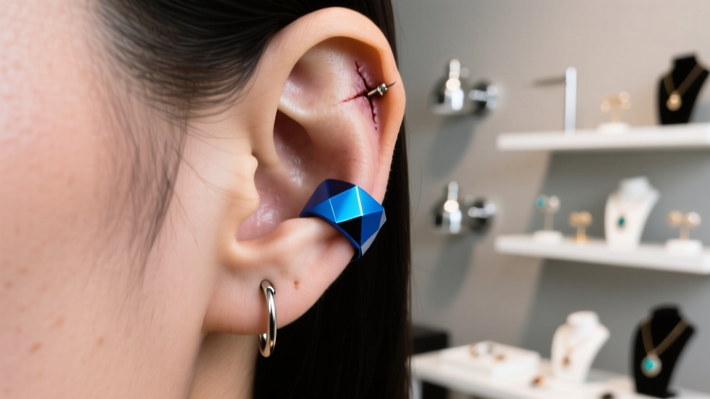 Profile of a healed helix piercing with an anodized blue niobium ring against a softly blurred modern piercing studio background.