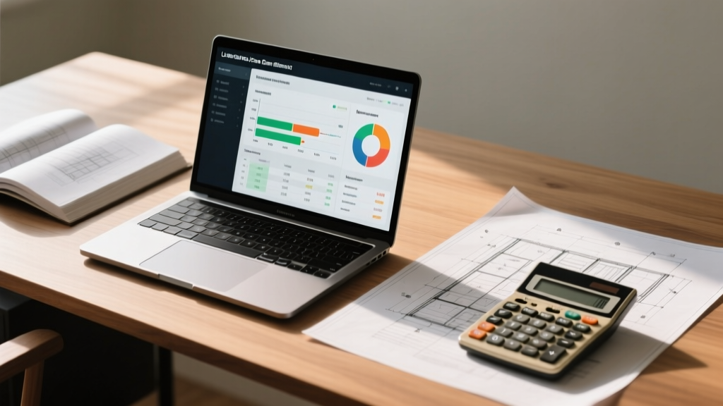 Architectural blueprints and a financial calculator on a wooden desk next to a laptop showing a construction loan draw schedule.