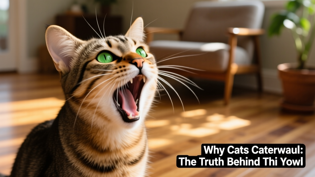 Close-up of a cat mid-caterwaul with mouth wide open and ears forward