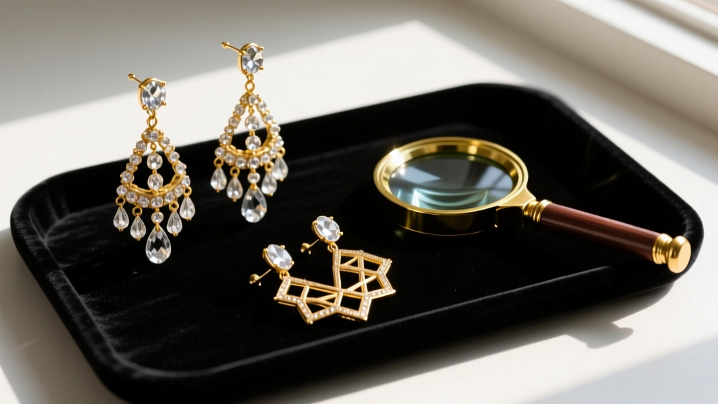 Flatlay of vintage gold-tone and crystal stud earrings resting on a dark velvet tray next to a brass magnifying glass.