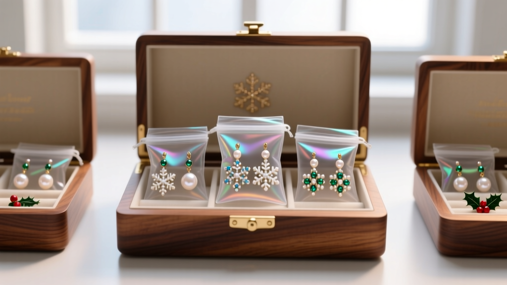 Organized anti-tarnish zip bags containing delicate seed bead and pearl holiday earrings stored inside a lined wooden jewelry box.