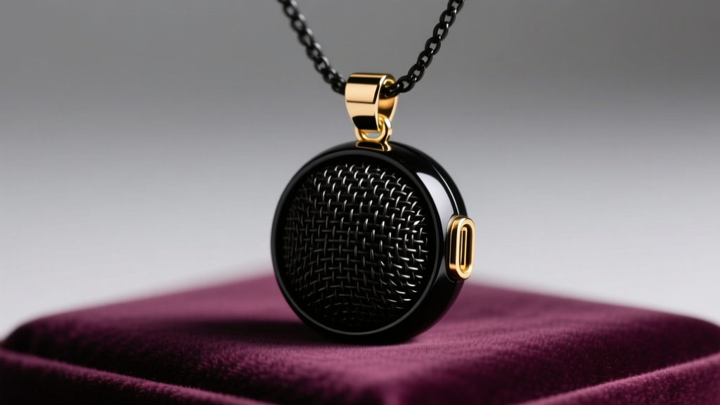 Matte-black necklace microphone pendant on velvet, showing the fine mesh grille and gold charging pins in soft light.