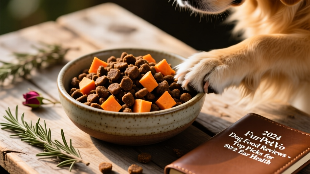 Bowl of FurPetVo Baked Beef with Sweet Potatoes, showing rich brown kibble with visible sweet potato pieces