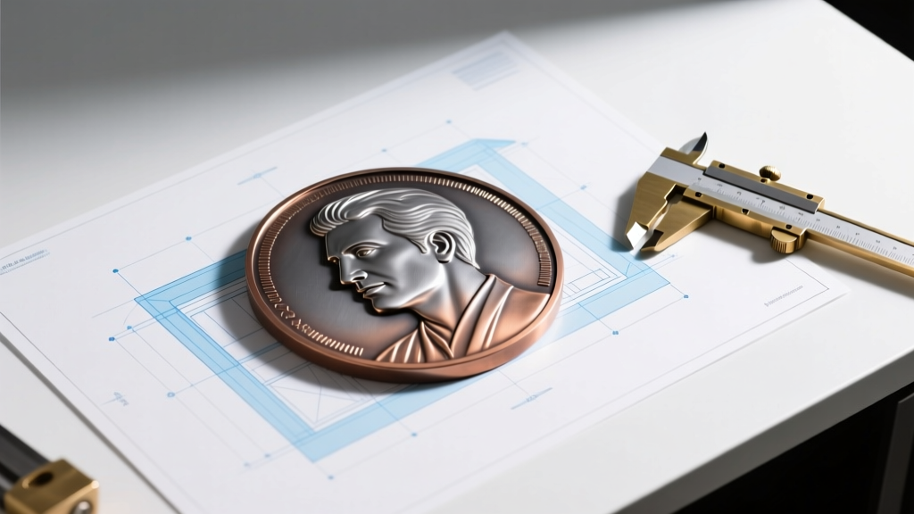 Top-down view of a large custom cast zinc character medallion resting on digital vector schematics next to brass jeweler calipers