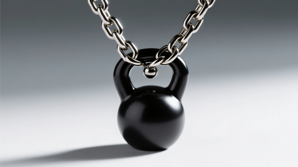 Macro shot of a 2.5mm titanium barbell chain attached to a matte black IP-coated dumbbell pendant, showing precise link machining