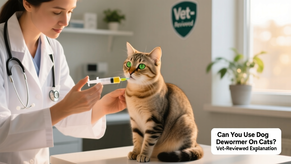 Veterinarian gently administering oral dewormer to a calm, seated cat