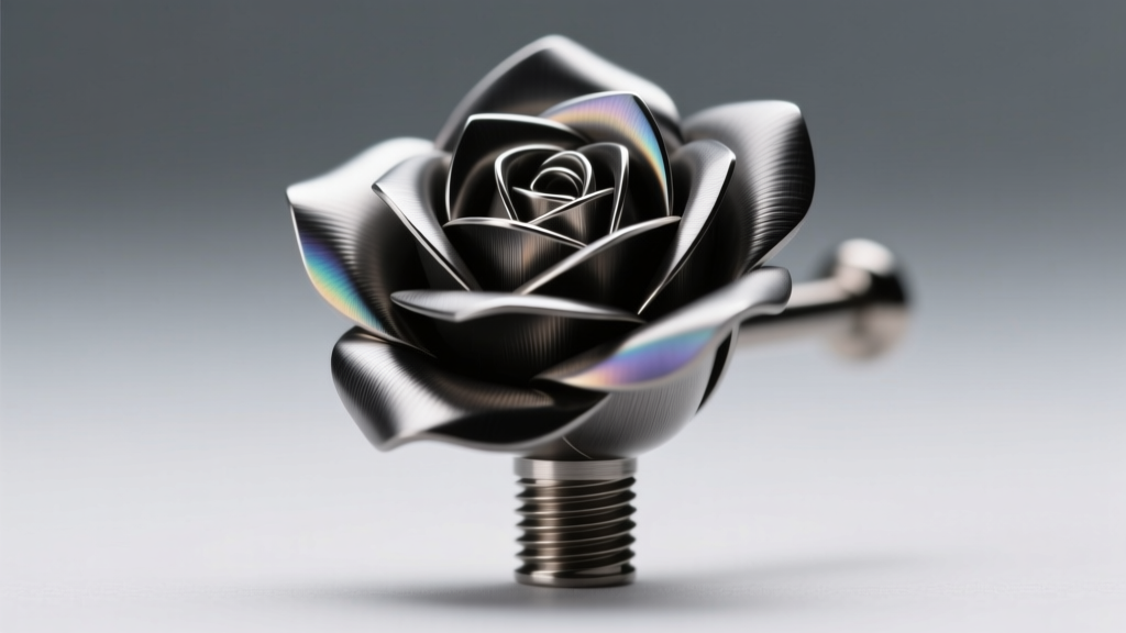 Macro shot of a CNC-milled titanium geometric rose ear plug with a dark gunmetal anodized finish, highlighting the sharp angular petals and 00g threading
