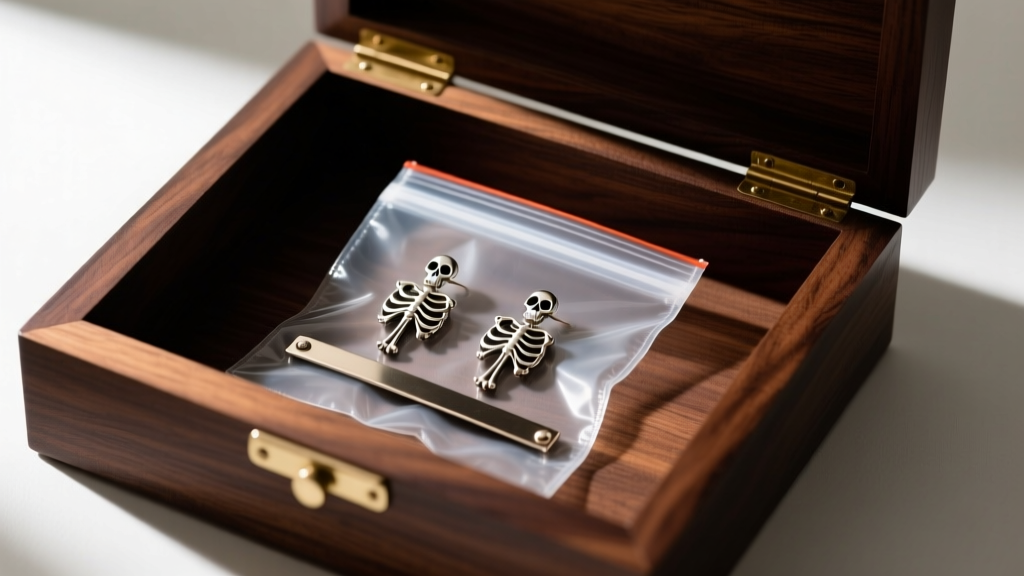 Anti-tarnish ziplock bag holding skeleton earrings and a treated strip, resting inside a dark cedar wood jewelry box drawer.