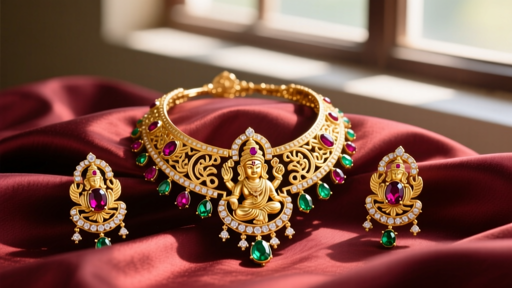 South Indian temple jewelry set in matte 22-karat gold featuring cabochon rubies and emeralds with detailed deity motifs on silk