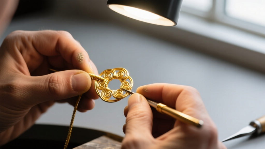 Close-up of jeweler hands twisting 30-gauge 18k gold wire for Venetzia fine jewelry filigree under a bright magnification lamp