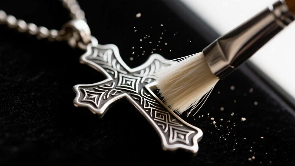 Close-up of a soft bristle brush gently cleaning the intricate engraved dark patina of an authentic Tuareg silver cross pendant.