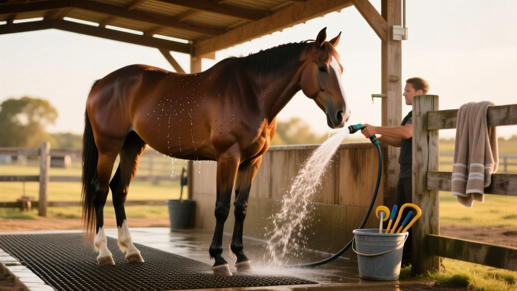 Horse standing calmly in a designated wash area with proper footing and overhead shade