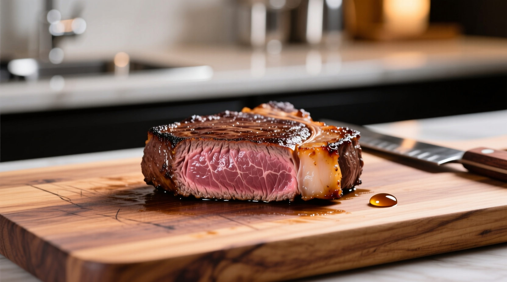 Perfectly seared filet mignon resting on cutting board