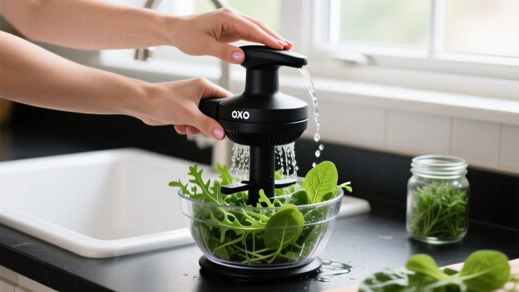Hands operating a black OXO Good Grips salad spinner pump mechanism while washing fresh arugula and spinach under running water