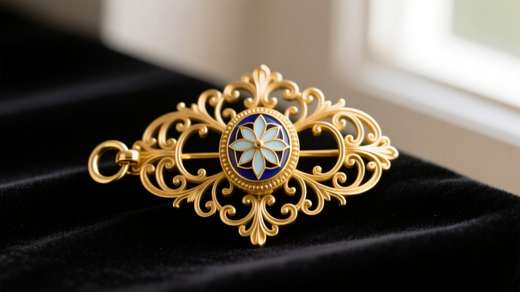 Macro photo of an authentic 15k yellow gold Victorian brooch featuring a C-clasp and T-hinge resting on dark velvet background.