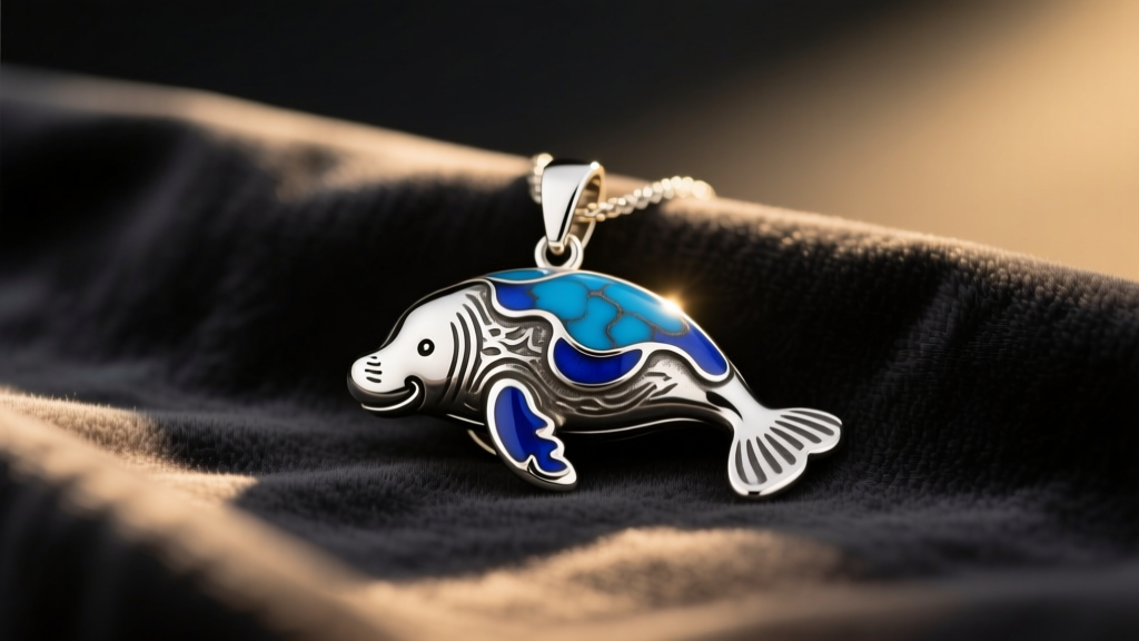 Sterling silver manatee pendant resting on a dark cloth, highlighting oxidized details and blue enamel accents under warm lighting.