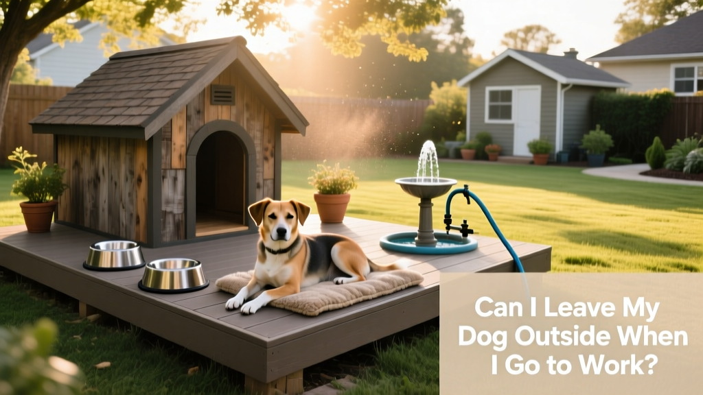 A shaded dog run with a durable dog house, elevated platform, and multiple water sources