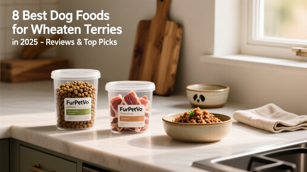 Side-by-side comparison of FurPetVo kibble, freeze-dried, and fresh meal options on a clean kitchen counter