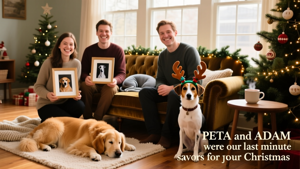 Three smiling pet owners holding photos of their dogs—one showing Muffin napping, another Tallu curled up on a sofa, and a third Prince Harry wearing antlers and sitting beside a festive garland