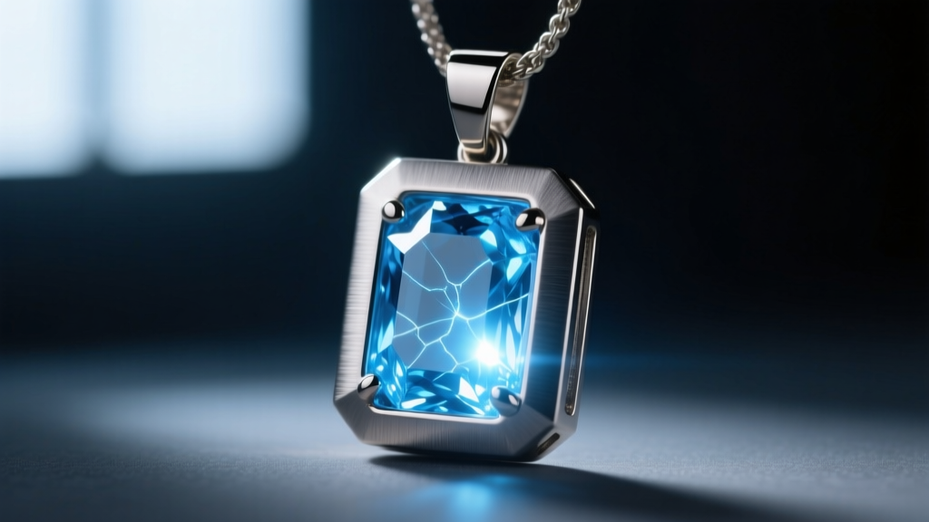 Macro shot of a glowing synthetic kyber crystal pendant set in brushed titanium, emitting soft blue light against a shadowy backdrop