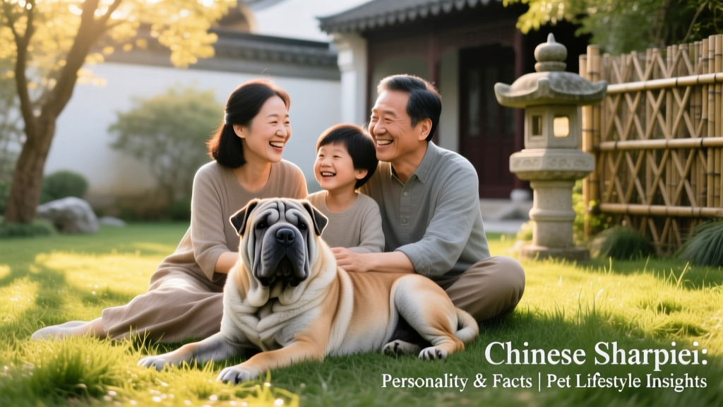 A smiling family sitting on grass with their gentle, mature Shar Pei resting between them
