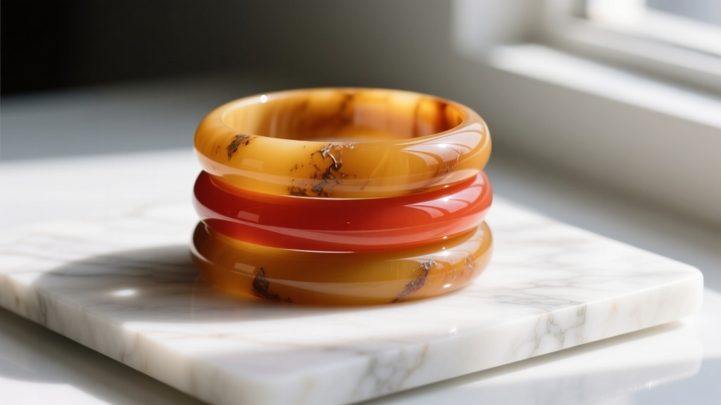 Macro photo of vintage Bakelite bangles in butterscotch and apple juice colors, layered on a clean white marble slab.