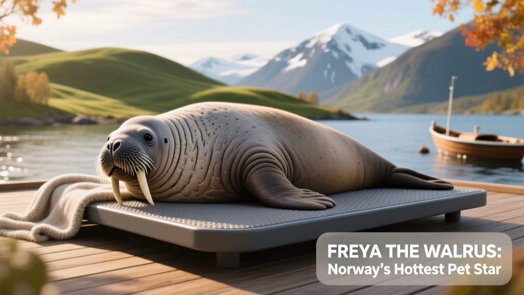 Freya the walrus lying peacefully on the FurPetVo Rest Deck, basking under soft Scandinavian sunlight with distant mountains visible