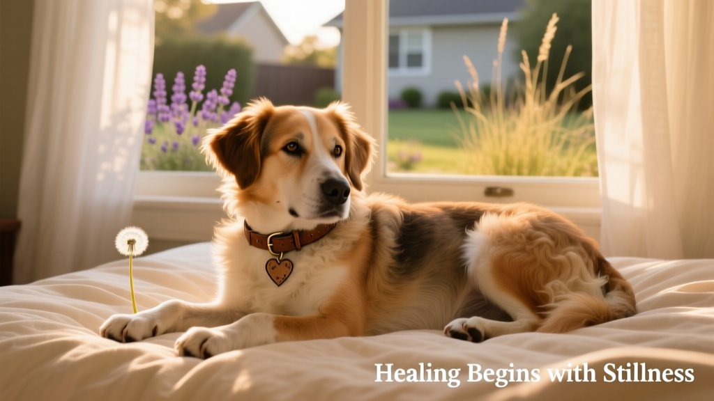 A relaxed dog resting on a soft bed near a window, with sunlight filtering in — symbolizing calm, safety, and healing