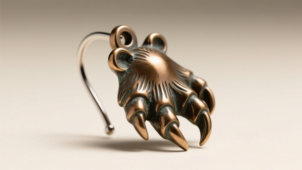 Macro shot of a cast bronze bear claw earring on a 14-gauge titanium ear wire, illuminated by soft directional studio lighting.