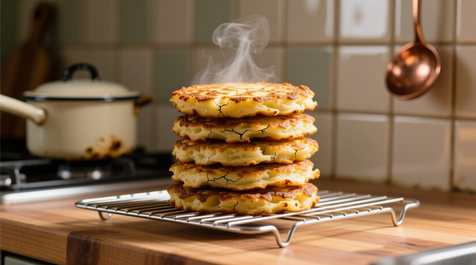 Golden brown potato cakes on wire rack