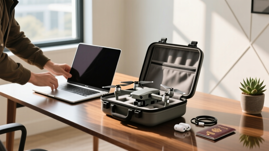 Traveler packing a 16-inch MacBook Pro and DJI drone into a waterproof hard shell case at a modern, sunlit home office desk.