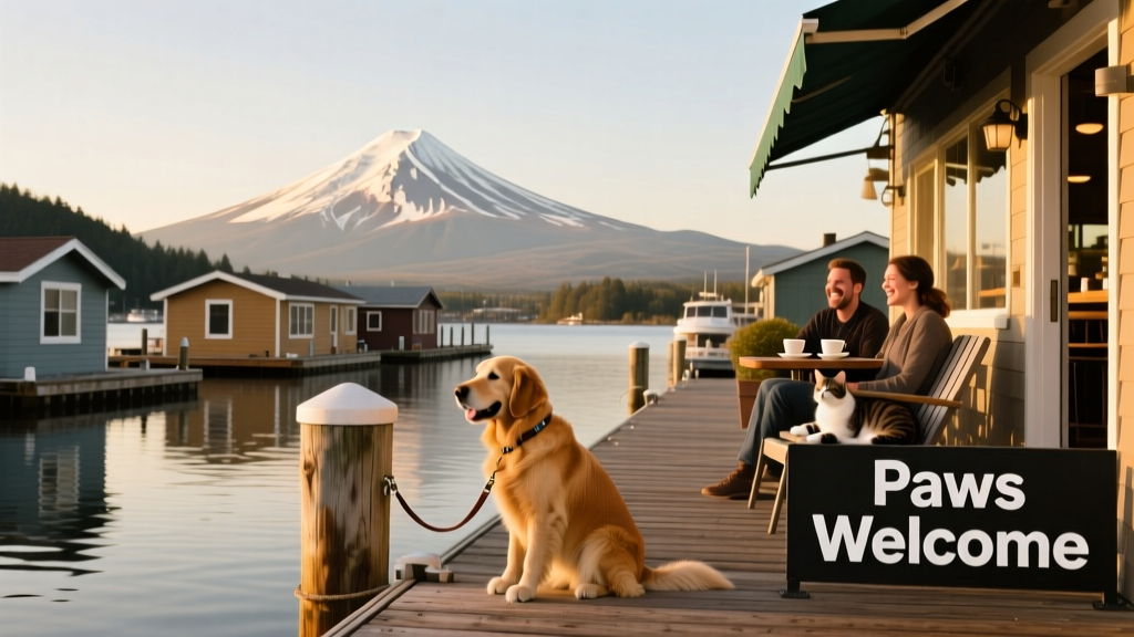 View of Mt. Hood and Portland Marina's floating boat houses