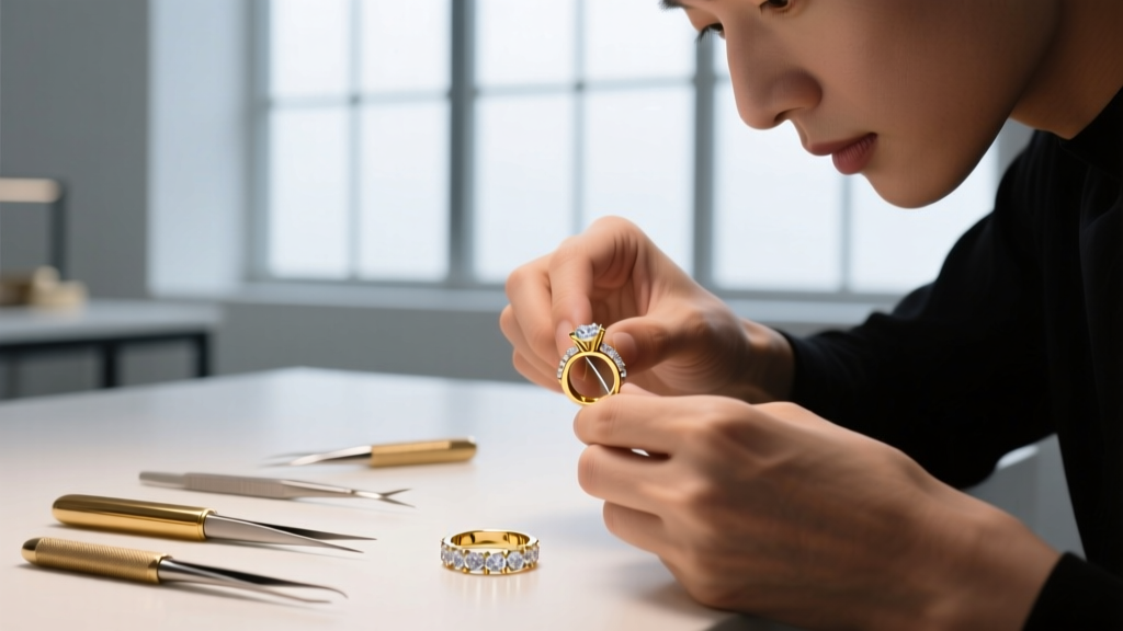 Jeweler's workbench showing a partially assembled 18k yellow gold serpent necklace tail with visible interlocking scale hinges