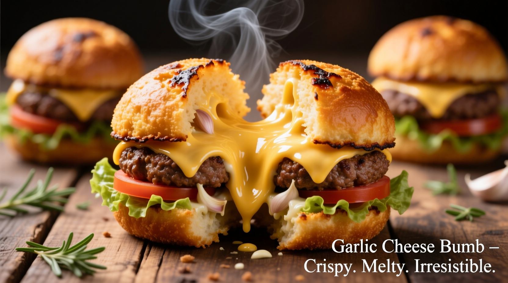 Golden brown garlic cheeseburger bombs with melted cheese center