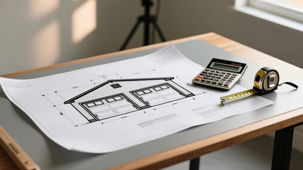 Blueprint of a detached two-car garage with dimensions marked, resting on a drafting table next to a calculator and tape measure