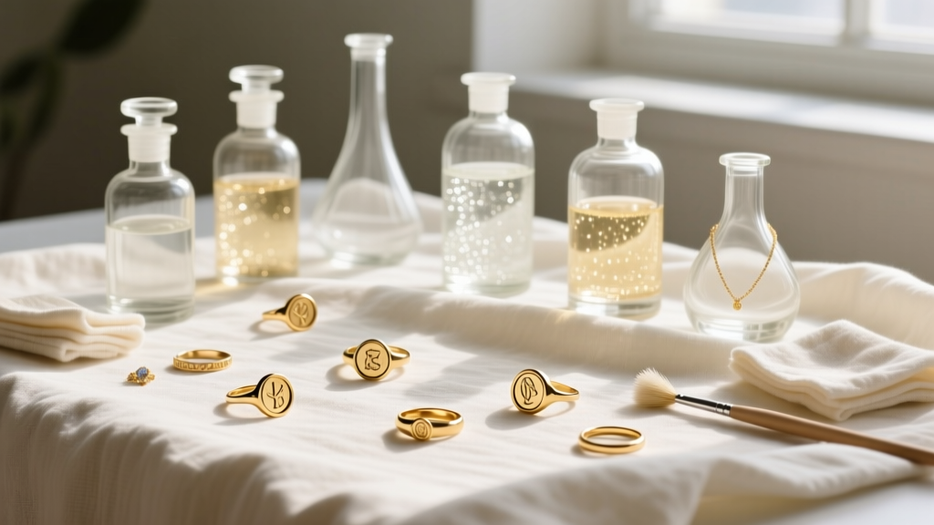 Aesthetic flat lay of a DIY jewelry cleaning station with glass apothecary bottles, soft linen, and scattered gold signet rings.
