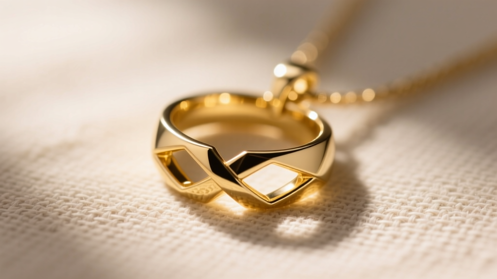 Close-up of a split interlocking ring pendant in 14k yellow gold resting on textured linen under soft, warm directional lighting.