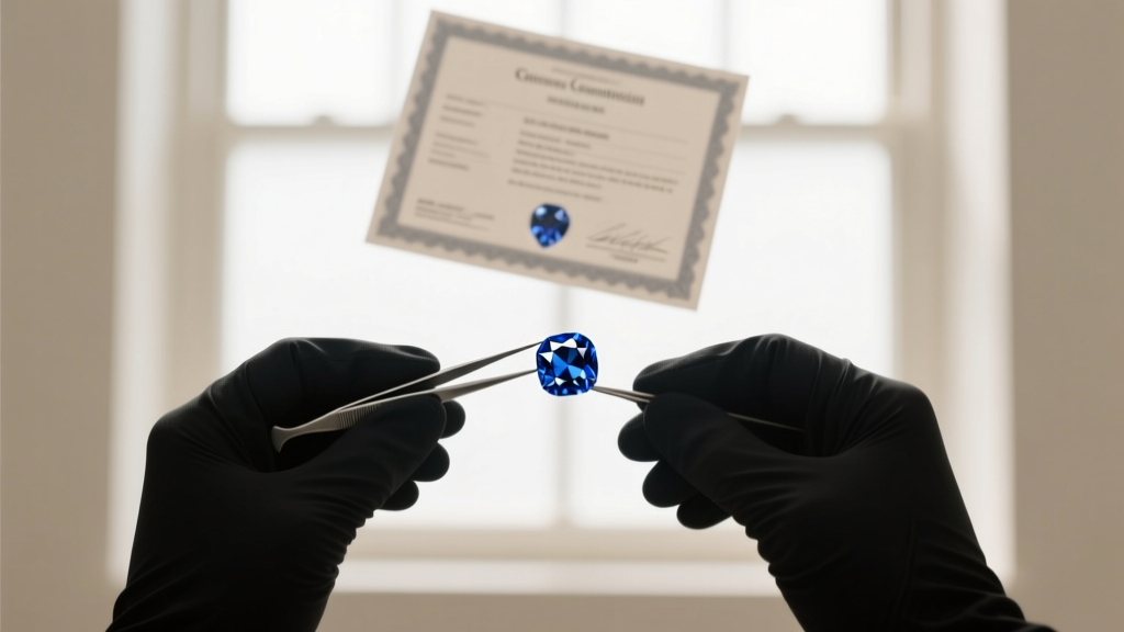 Gemologist holding a blue sapphire with tweezers under daylight, with a grading certificate in a softly blurred background.