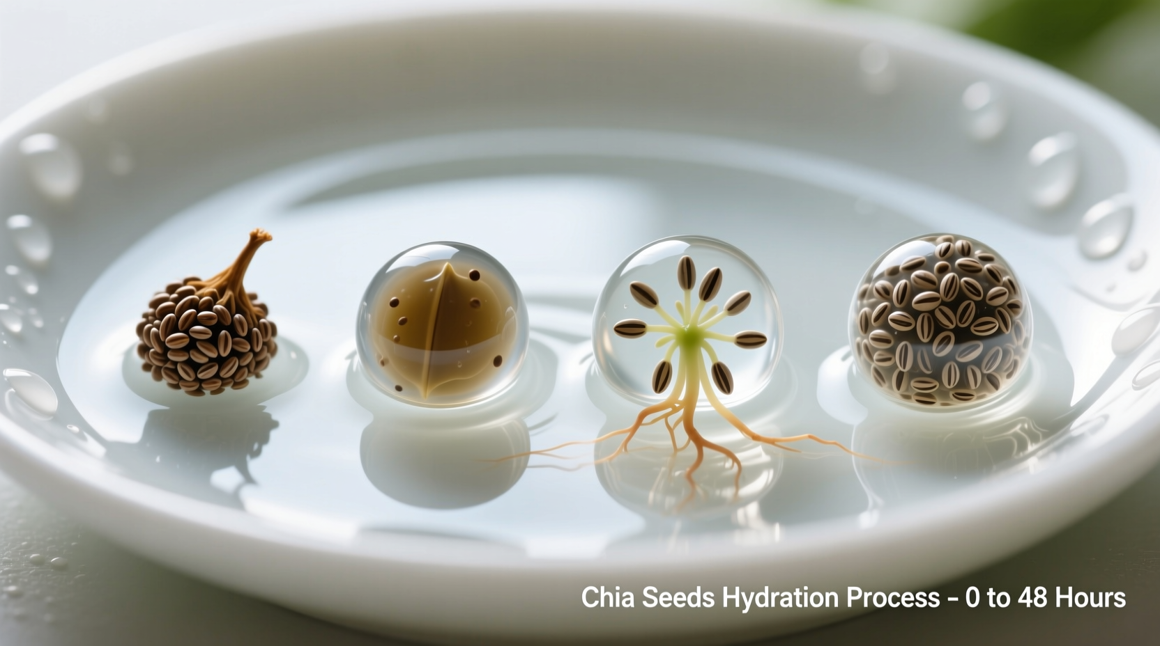 Chia seeds transforming in water over time