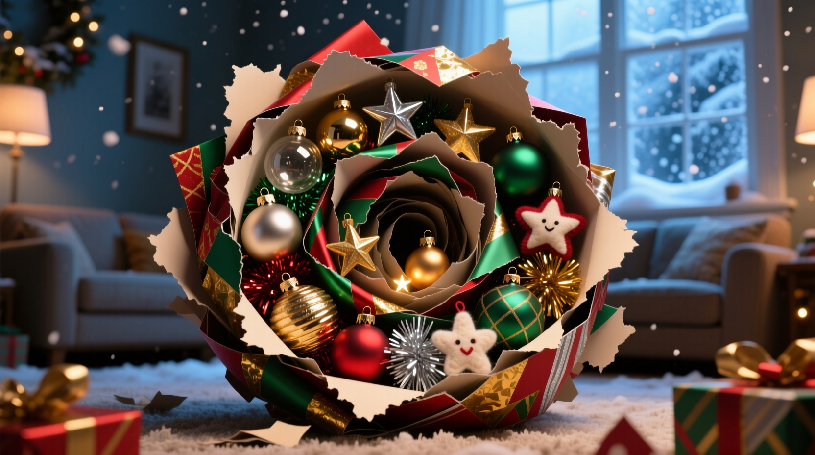 use shredded gift wrap to store decorations