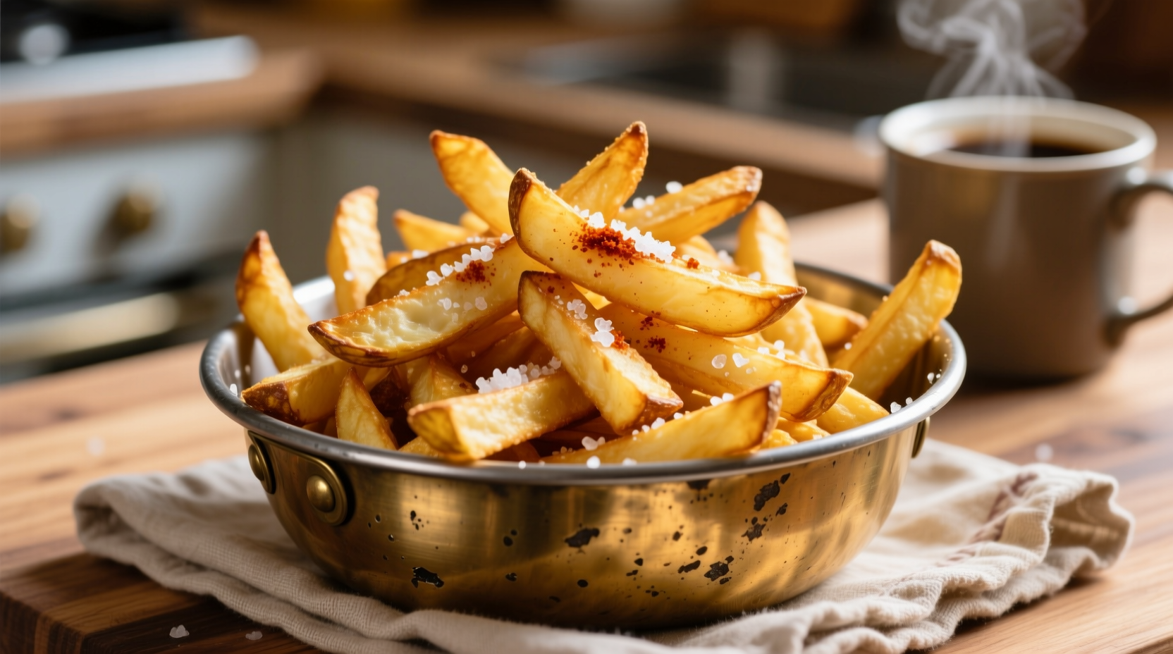 Golden crispy homemade potato fries in a metal bowl