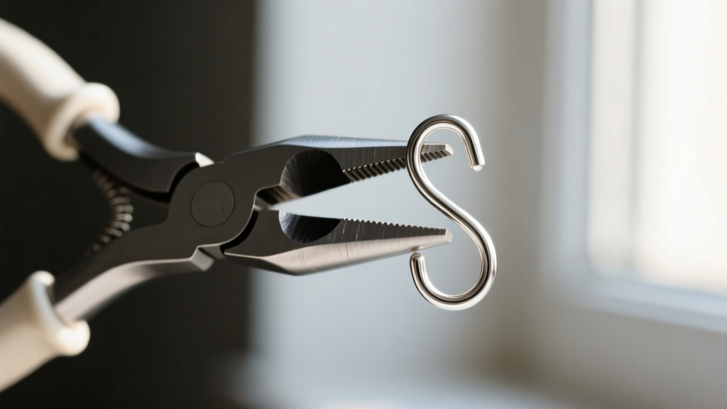 Close-up of jewelry pliers gently bending a silver french hook wire into an S-shape to prevent the earring from slipping out