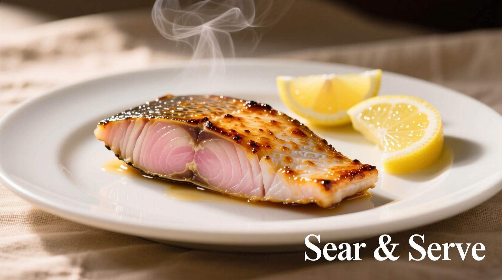 Perfectly seared mahi-mahi fillet with lemon wedges