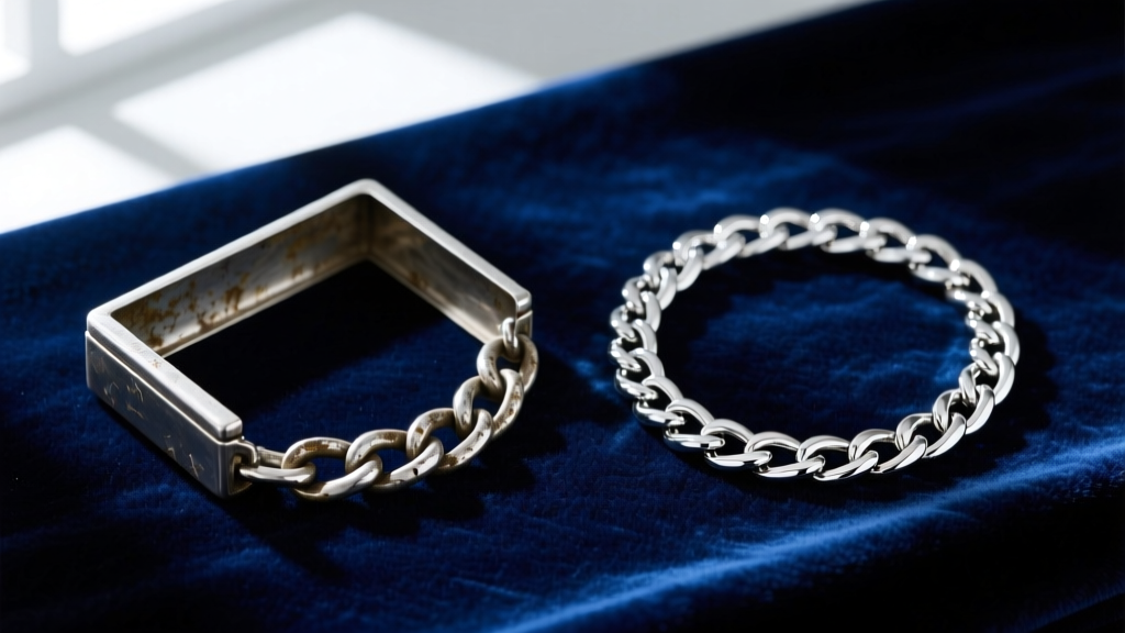 Side-by-side view of a tarnished sterling silver box chain next to a bright rhodium-plated Italian chain on dark blue velvet.