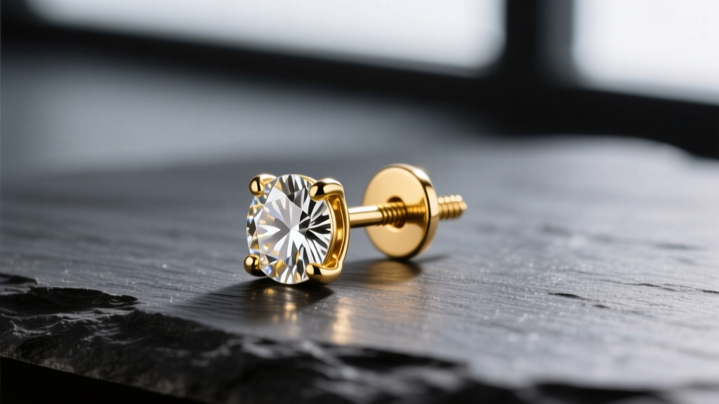 Macro of a 14k solid gold diamond stud earring on dark slate, showing warm metal luster and a secure threaded screw-back post.