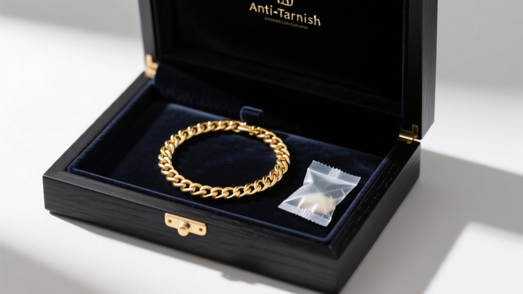 Open anti-tarnish jewelry box lined with black velvet, holding a neatly coiled 18k gold chain necklace and a silica gel packet