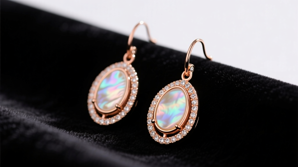 Close-up of Divas Dream drop earrings in 18k rose gold with iridescent mother of pearl inlays resting on dark velvet fabric.