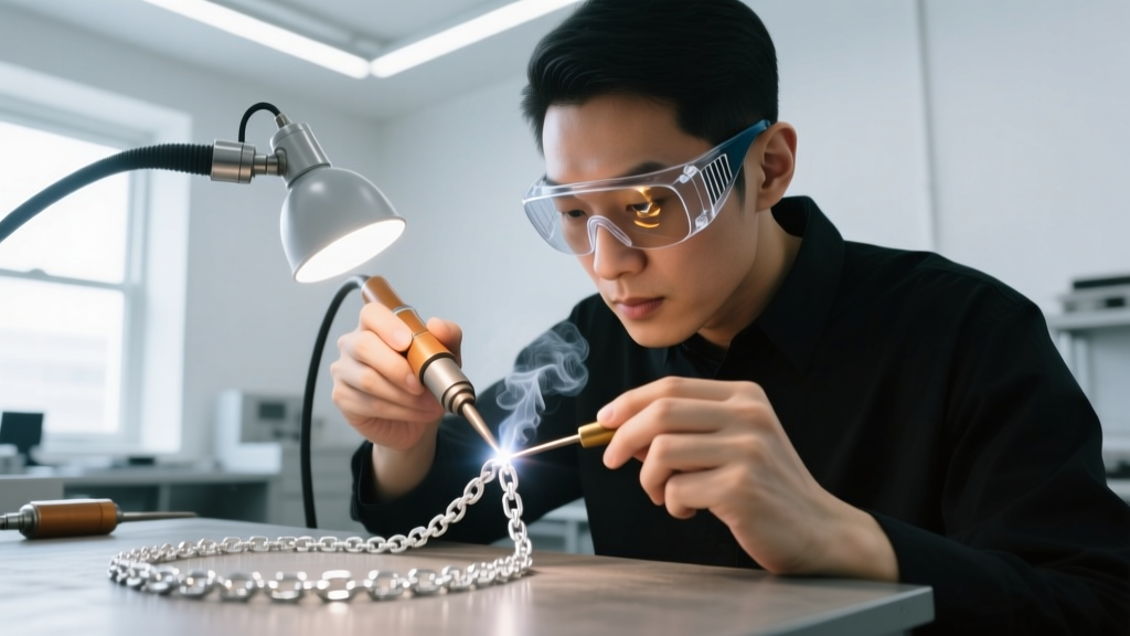 Jeweler wearing shade 10 safety goggles and using a localized fume extractor nozzle while micro-welding a delicate silver chain