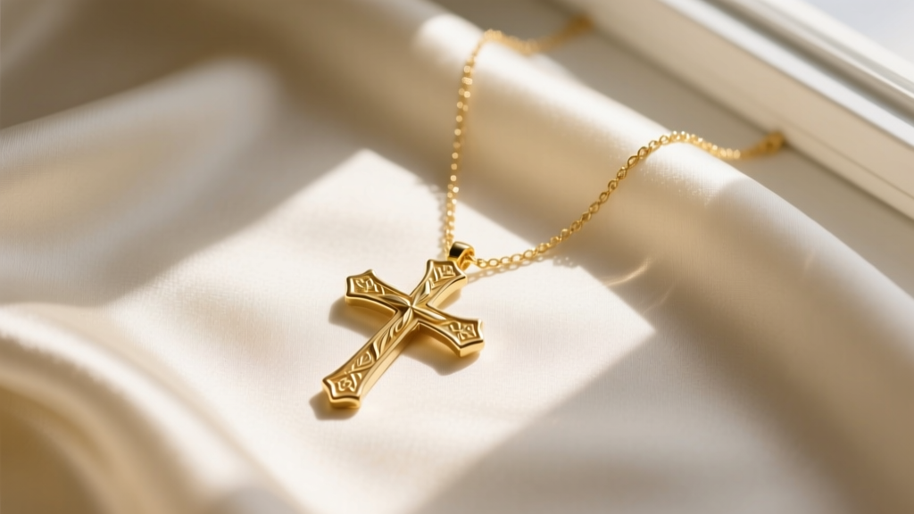 Elegant flat lay of a 14k gold sideways cross necklace on cream silk fabric, soft morning sunlight casting shadows, top-down view.