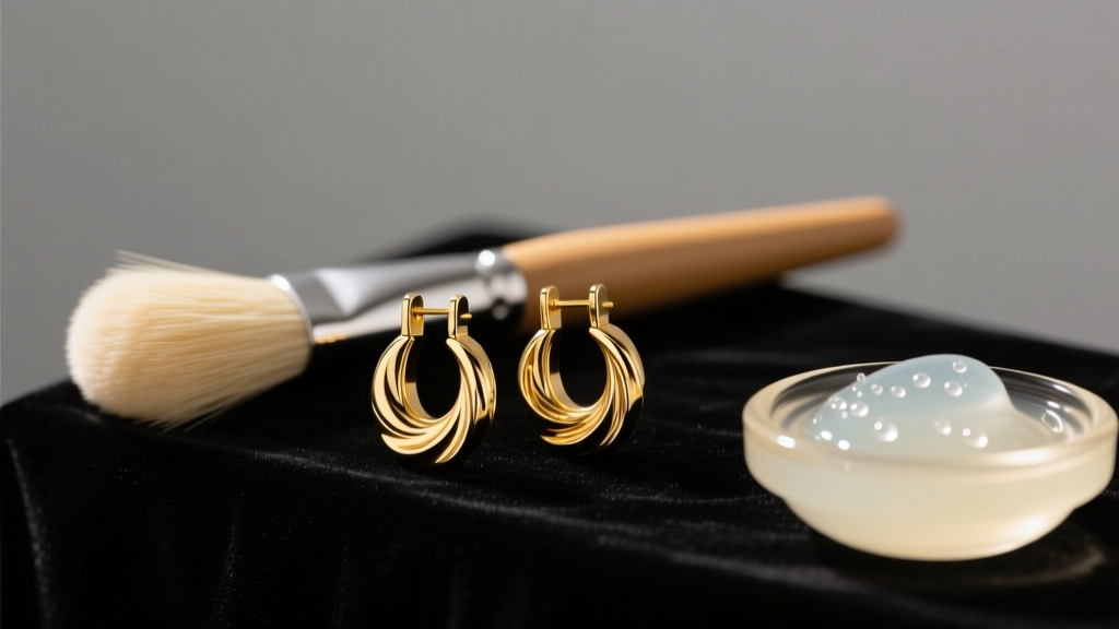 Gold-plated clip on statement earrings on dark velvet next to a soft brush and mild soap in warm studio lighting.